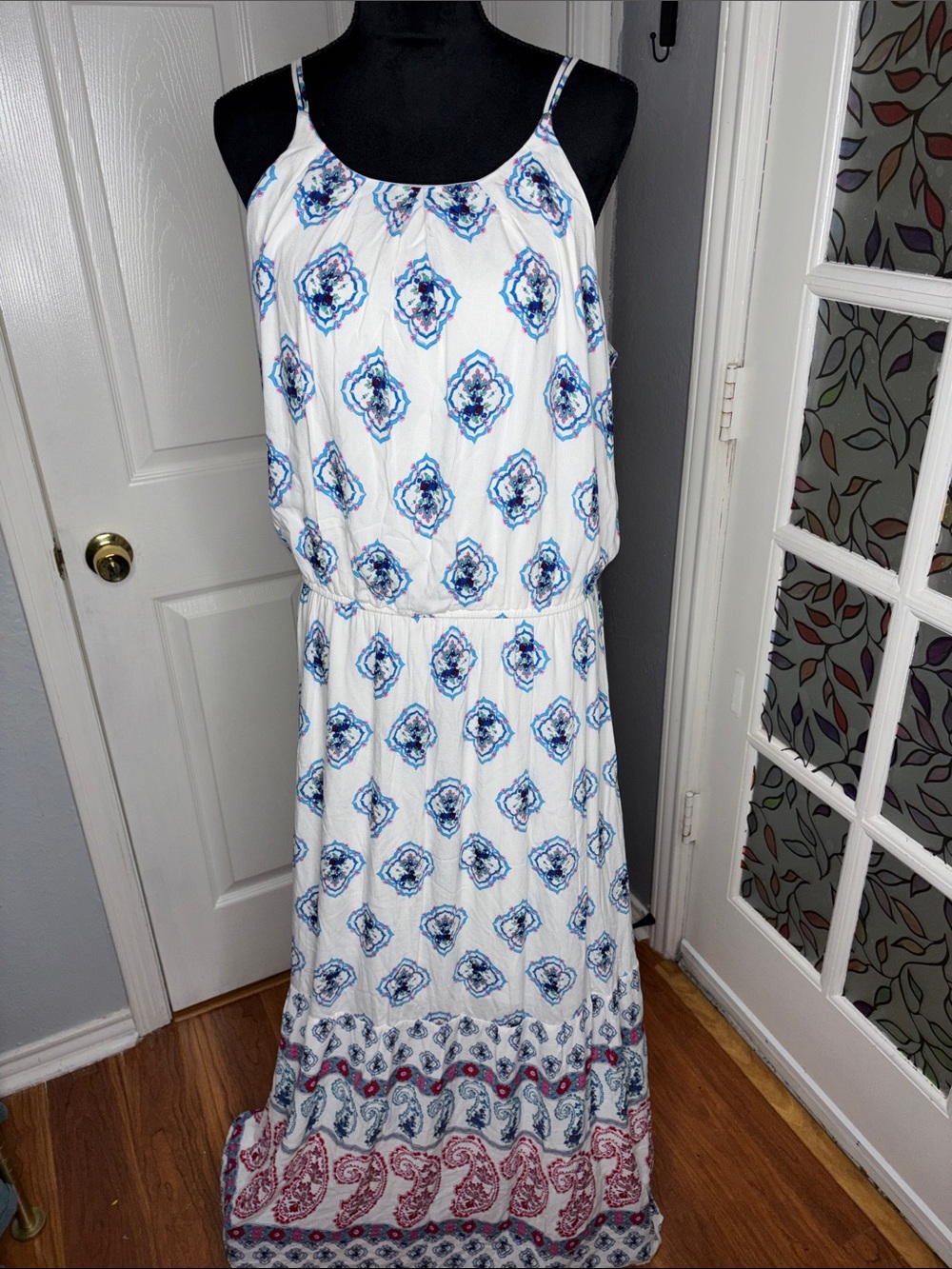Maurices White Maxi Skirt Dress with Blue and Red Paisley Print